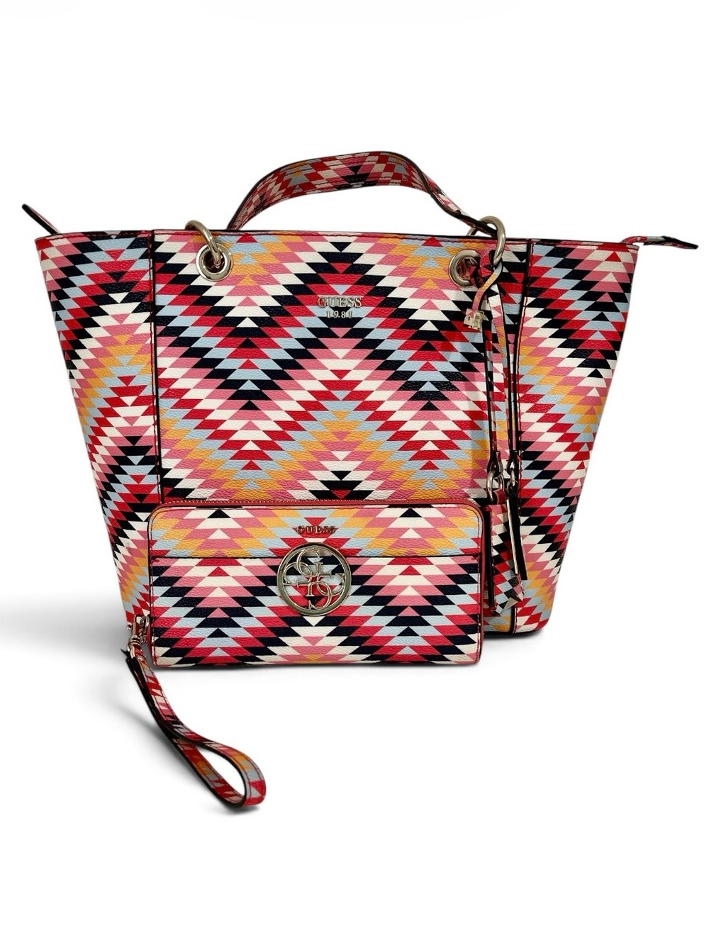 Guess Kamryn tote bag featuring a vibrant multicolored geometric and Aztec Inspo